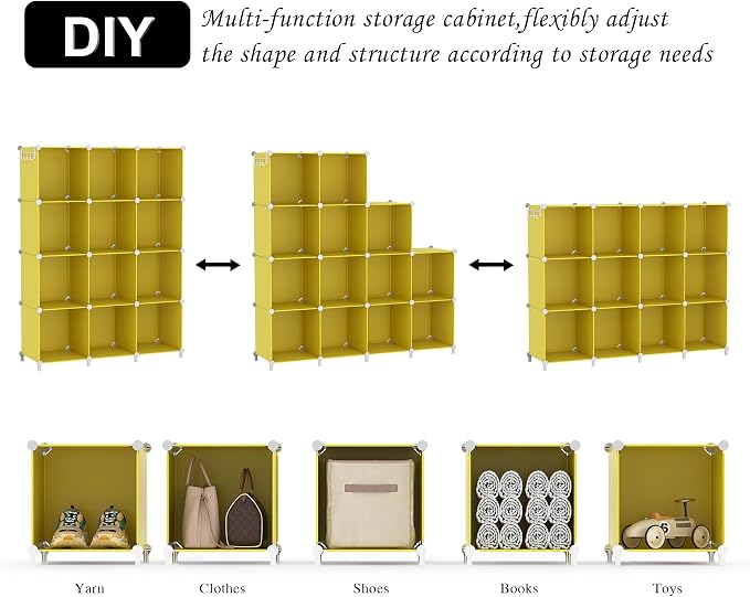 AWTATOS Cube Storage Organizer Closet Organizers 12 Cube Storage Shelves | Protable Closet for Kids DIY Stackable Cube Shelves Bookshelf Clothes Organizer for Bedroom, Home, Yellow