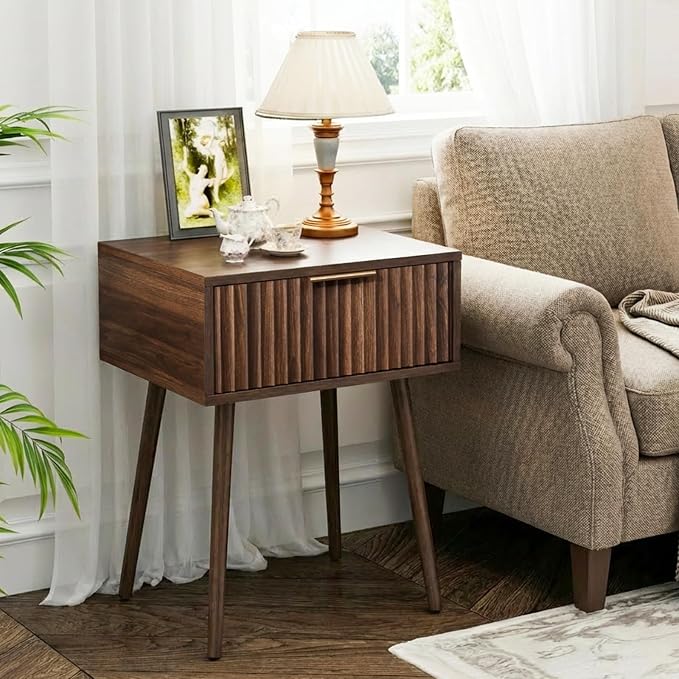 VINGLI Fluted Nightstand with Drawer, 19" W Mid Century Modern Nightstand for Bedroom, Bedside Table, End Tables Bedroom, Wood Night Stand, Walnut, 18.9" W*14.96" D*24" H