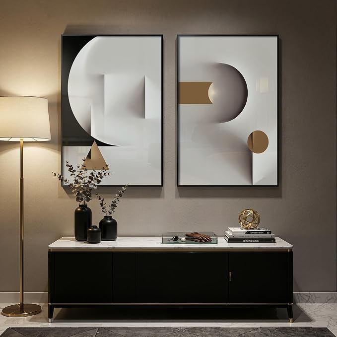 Large Framed Modern Elegant Abstract Wall Art Decor Set of 2, 24x36 In | Geometric, Canvas prints, Black white gold, Minimalist paintings, Living room, Bedroom, Dining room pictures wall decor