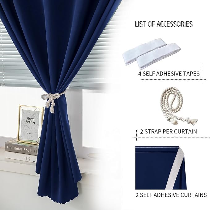Instant Blackout Window Curtain with Reusable Adhesive, Thermal Insulated Fabric for RV Camper Small Windows, 71" W x 72" L, Navy Blue, 2 Panels