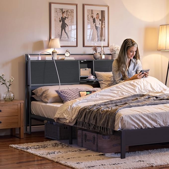 MAHANCRIS Headboard King Size with 2 Power Strips and Flip Door Storage | Industrial King Headboard with Adjustable Bed Frame Adapters, 95° Backrest, Easy Assembly, Sturdy Construction, Black