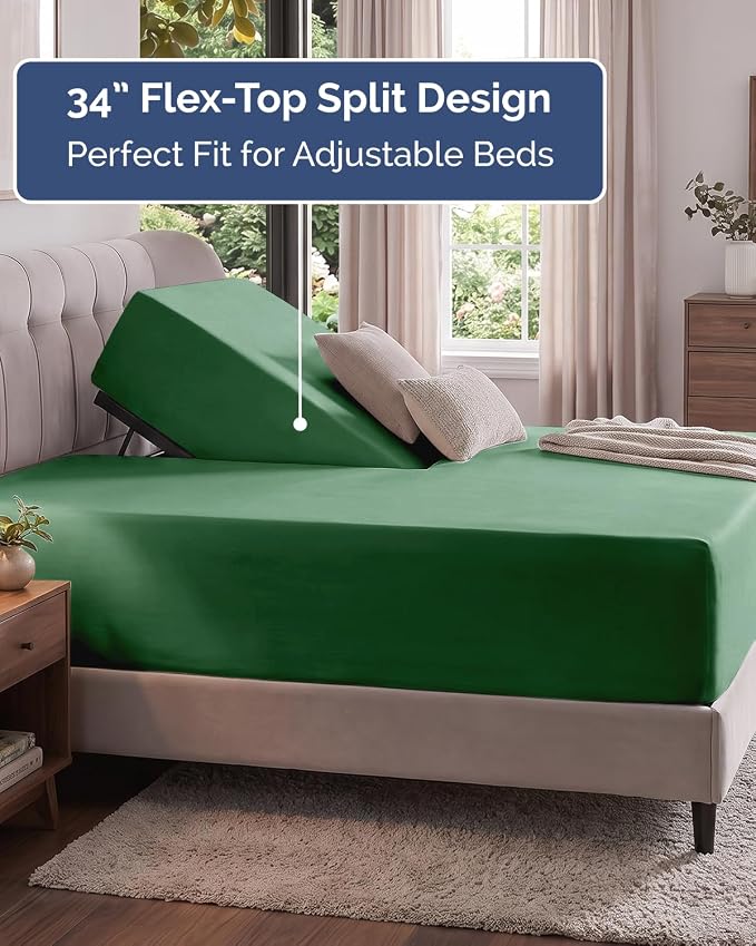 Extra Deep Flex Top Split Head King Fitted Sheet - Hotel Luxury Single Fitted Sheet Only - Easily Fits 18 inch to 24 inch Mattress - Ultra Soft, Wrinkle Free w/Extra Deep Pockets - Emerald Green