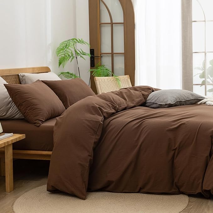 BESTOUCH Cotton Solid Duvet Cover Set Linen Feel Cocoa Brown Oversized King | 100% Washed Cotton, Soft Wrinkle Texture, Hidden Zipper, 8 Ties, Breathable Lightweight Durable Comfy, 3 Pcs No Insert
