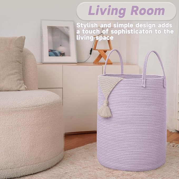 JMvicyroam 60L Cotton Rope Laundry Basket Hamper, Purple | Collapsible laundry basket, reinforced handles, freestanding, machine washable, holds 3-5 thick blankets, clothes or toys