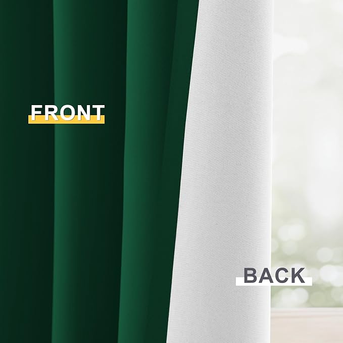 Yakamok Dark Green 100% Blackout Curtains 84 Inches Long 50" Wide 2 Panels | Blackout Curtain Panels for Bedroom, 2 Thick Layers Grommet Top Thermal Insulated Drapes with White Back for Living Room