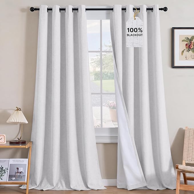 H.VERSAILTEX Linen Curtains 100% Blackout Curtains for Bedroom 120 inch Long Full Light Blocking Nature Linen Blended Window Curtains for Living Room Nickel Grommet (2 Panels, Heathered White)