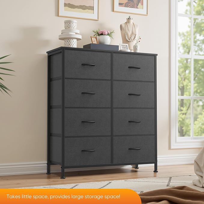 Sweetcrispy 8 Drawer Dresser with Fabric Bins for Bedroom Storage, Grey | Closet Organizer, Tall Chest of Drawers with Steel Frame and Wood Top, Easy Pull Handles, Hallway Entryway