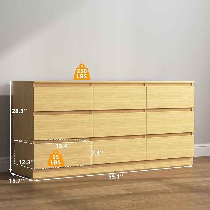 Vibe & Dine 9 Drawer Dresser, Modern Long Dresser for Bedroom, Wood Chest of Drawers with Wide Storage for Living Room, Natural Wood