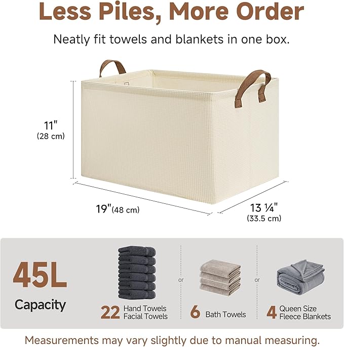 StorageWorks 45L Closet Storage Bins, Storage Baskets, Beige, 2-Pack | Extra Large, With Reinforced PU Handles, Metal Frame, Collapsible, for Shelves, Closet, Holds Clothes, Towels, Blankets