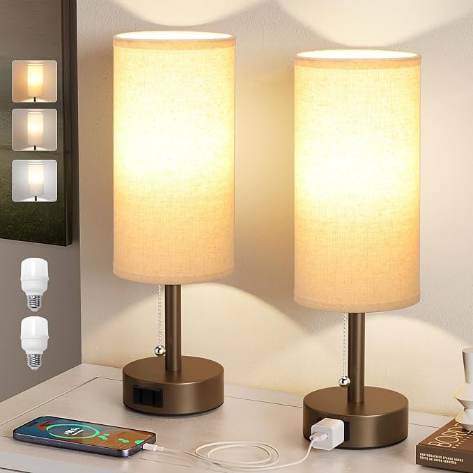 Brown Bedside Table Lamps Set of 2 - Bedroom Lamp for Desk, AC Outlet | 3CCT(3000K/4000K/5000K), LED Bulbs Included, Beige Fabric Lampshade, 14in Small Lamp for Nightstand, Guest Room, Living Room