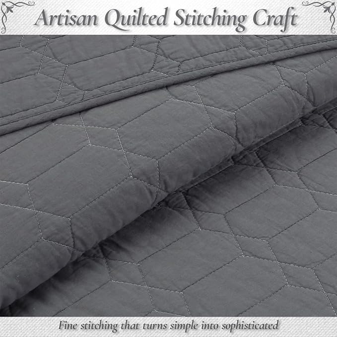 Cozy Line Home Fashions 100% Cotton Quilt Set – 3-Piece Charcoal Gray Solid Classic Modern Geometric Quilted Bedspread with Shams, Lightweight All Season Modern Bedding (Hexagon Gray, Queen)