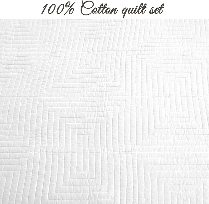 Cozy Line Home Fashions 100% Cotton Square Check Stitch Solid White Quilt Bedding Set, Bedspread Coverlet Lightweight for All Seasons (Maze - White, Queen - 3 piece)