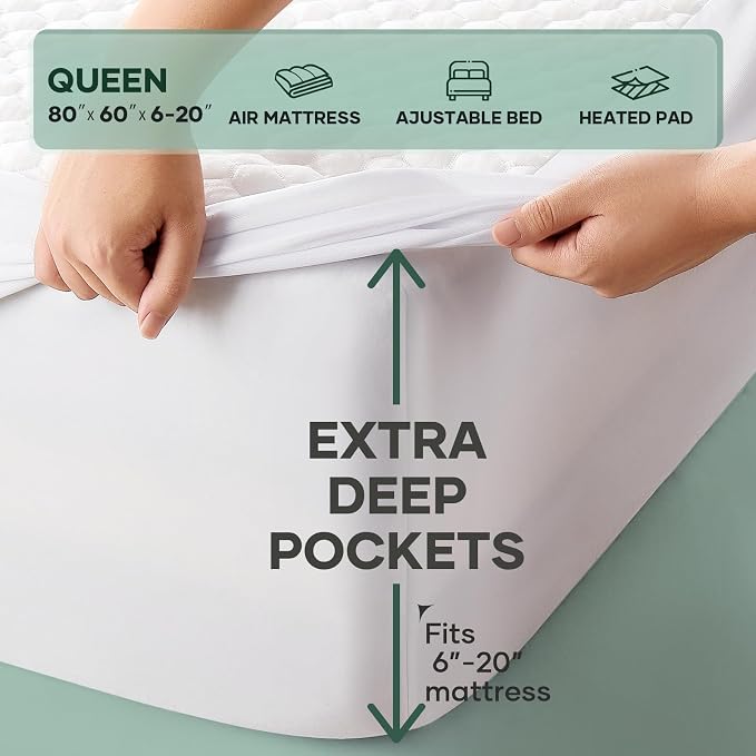 OhGeni 100% Waterproof Mattress Protector, Full Size Mattress Pad, Fits 6"-20" Mattresses with Deep Pocket, Cooling, Breathable Fitted Sheets, Washable Bed Cover Over 99 Count Hex Bumps,Navy Blue