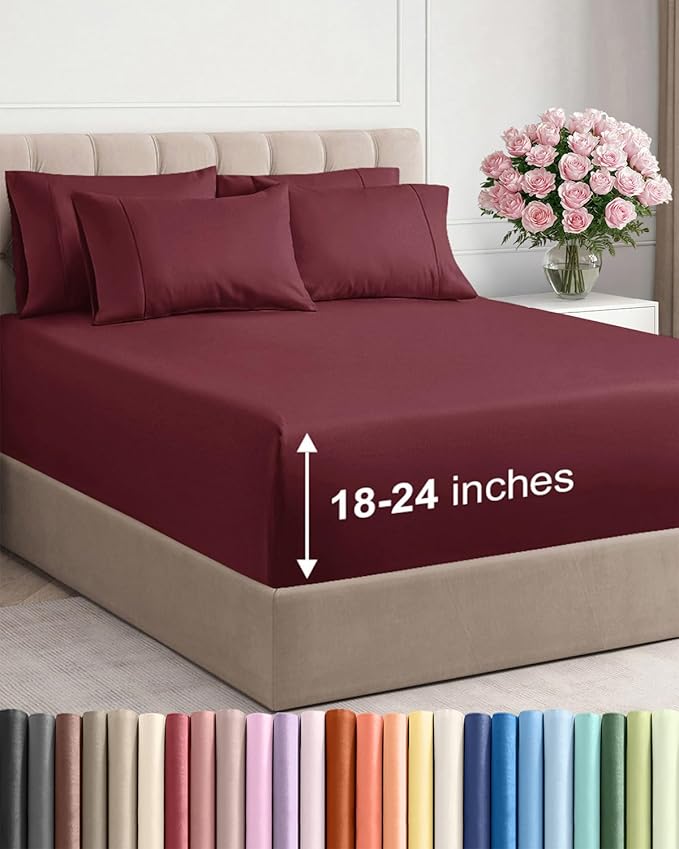 Extra Deep Cal King Sheet Set - 6 Piece Breathable & Cooling - Burgundy | Hotel Luxury Bed Sheets Set, Easy & Secure Fit, Ultra-Soft, Wrinkle & Fade Free, Comfy Sheets Set with Extra Deep Pockets