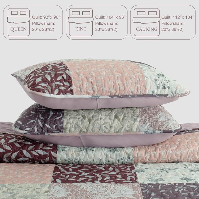 Exclusivo Mezcla Reversible Boho California King Quilt, Brown | Lightweight Soft Bedspreads, All Season Patchwork Coverlet Bedding Set, Printed Floral Pattern, 1 Quilt and 2 Pillow Shams