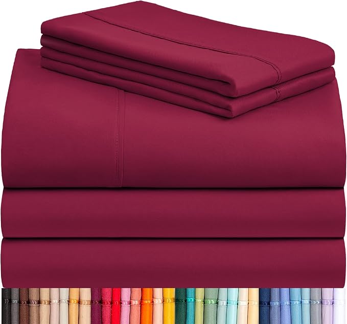 LuxClub 7 PC Split King Sheet Set Bed Sheets Deep Pockets 18" Eco Friendly Wrinkle Free Cooling Sheets Machine Washable Hotel Bedding Silky Soft - Burgundy Split King | LuxClub Silky Fitted Sheet & Pillowcase Sets, Breathable Hotel Luxury Bedding for M...