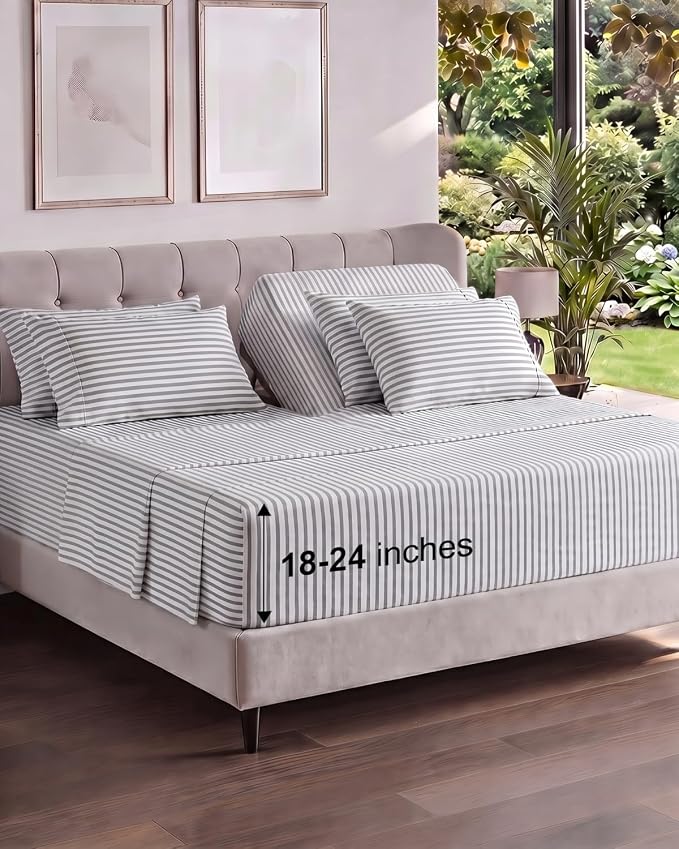 Extra Deep Flex Top Split Head King Sheet Set - 6 Piece Breathable and Cooling Sheets - Hotel Luxury Bedding for Women, Men, Kids & Teens - Easy Secure Fit - Extra Deep Pockets - Grey Stripes 2