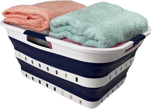 SAMMART 42L (11 gallon) Collapsible Plastic Laundry Basket - Foldable Pop Up Storage Container/Organizer - Space Saving Hamper/Basket (1, White/Starry Blue)