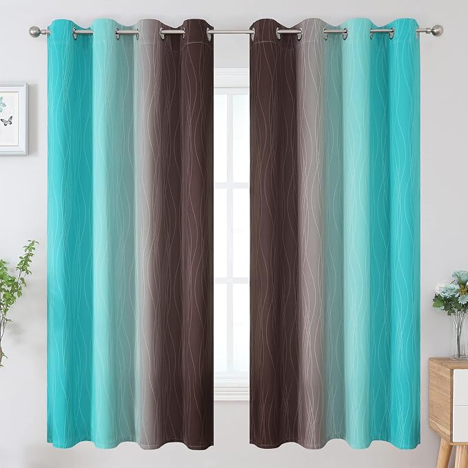 Brown and Teal Ombre Blackout Curtains for Bedroom 63 Inch | Light Blocking Gradient Kids Curtains for Living Room,Thermal Insulated,Room Darkening Grommet Window Drapes,52Wx63L,2 Panels