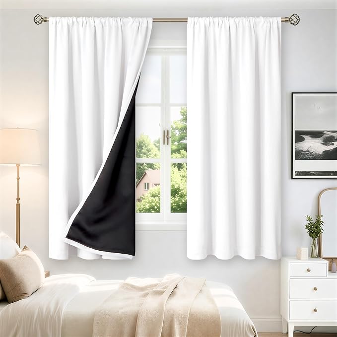 BGment White Blackout Curtains for Bedroom 63 Inch Long 2 Panels | Thermal Insulated Black Out Curtains, Room Darkening Soundproof, Rod Pocket Window Curtains for Living Room, 52 x 63 Inch