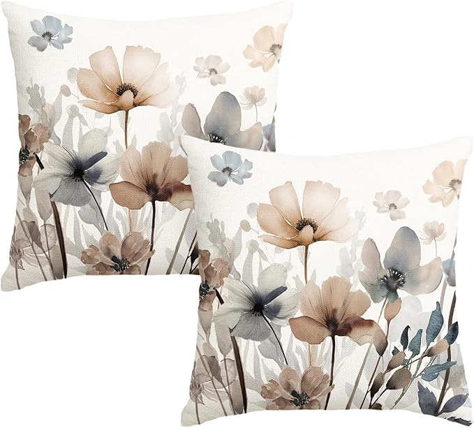 AVOIN colorlife Poppy Flowers Chinoiserie Pillow Covers 18x18 Inch Set of 2 | Seasonal Fall Leaves Cushion Case Decoration for Sofa Couch