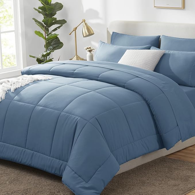 California King Comforter Set Dusty Blue - 7 Pieces Bed in a Bag | OEKO-TEX Certified, All-Season, Bedroom, Guest Room, Down-Alternative Comforter + Flat & Fitted Sheets + 4 Pillowcases