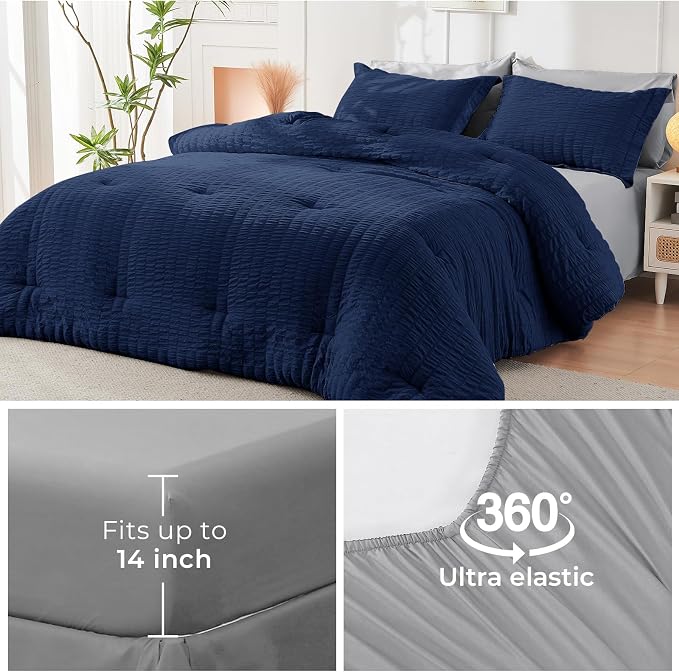 HYMOKEGE Navy Blue/Light Grey Oversized King Comforter Set Seersucker 7 Pieces, All Season Luxury Bed in a Bag for Bedroom, Bedding Set with Comforter, Sheets, Pillowcases & Shams