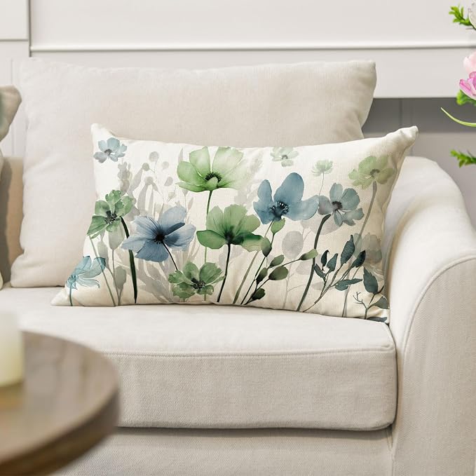 AVOIN colorlife Poppy Flowers Chinoiserie Throw Pillow Cover 12x20 Inch | Blue Sage Green Seasonal Leaves Cushion Case Decoration for Sofa Couch Farmhouse
