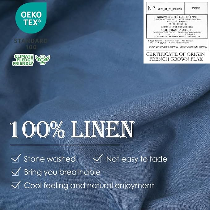 Simple&Opulence 100% Linen Duvet Cover Set 3pcs Basic Style Natural French Washed Flax Solid Color Soft Breathable Farmhouse Bedding with Button Closure - Classic Blue, Queen
