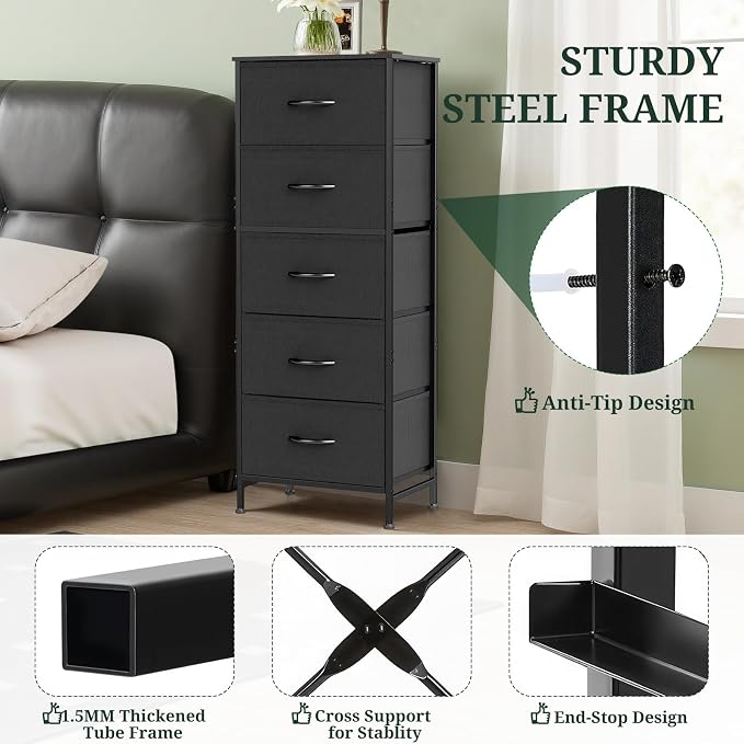 5 Drawers Dresser for Bedroom Fabric Storage Tower with Wooden Top | Steel Frame Tall Chest of Drawers for Closet, Entryway, Dorm, Black