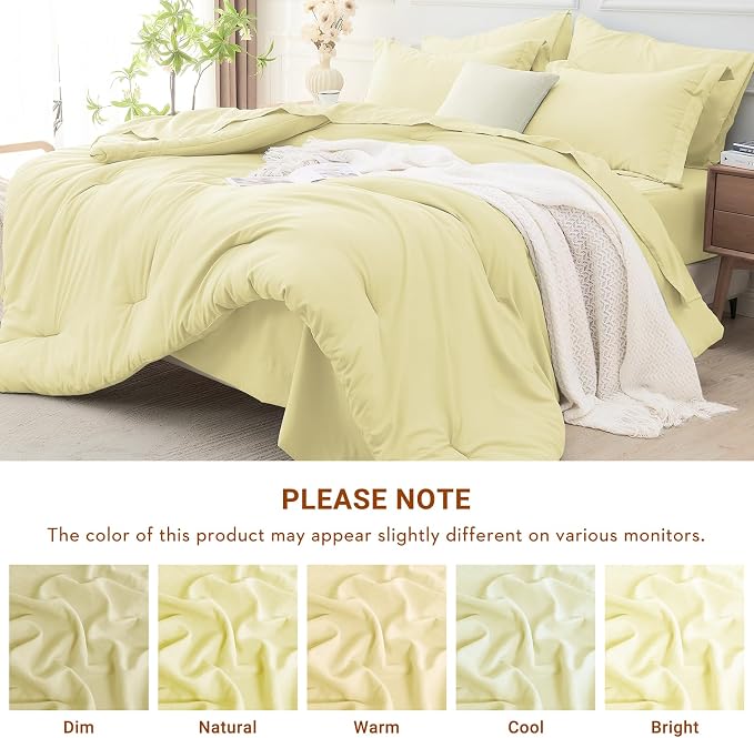5 Pieces Twin Comforter Set, Soft Bed in a Bag Twin Size, All Season Bedding Set with Comforter, Flat Sheet, Fitted Sheet, Pillowcases & Shams, Cream Yellow
