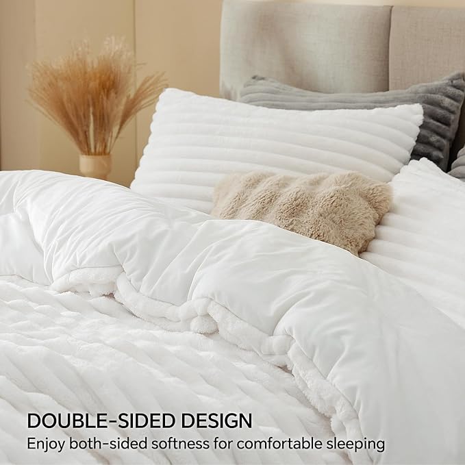 BEDELITE Fleece Full Comforter Set, Fluffy Bed Set, Bright White | Super Soft & Warm Bedding, Luxury Fuzzy Faux Fur Comforter for Winter, Heavy Plush Bedding, with 2 Pillowcases