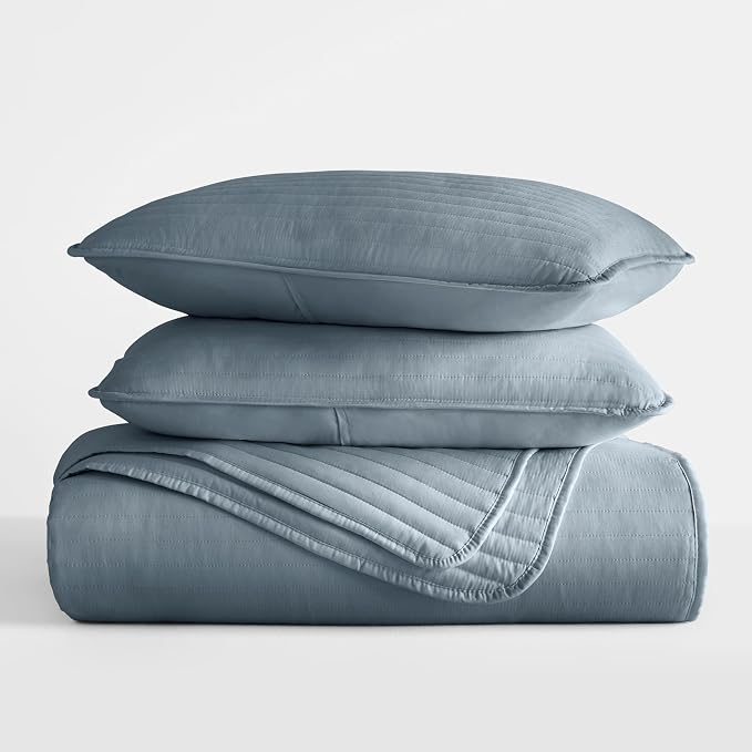 Merit Linens Modern Quilt Coverlet Soft Set in Stripe Stitching - Full/Queen Dusk Blue