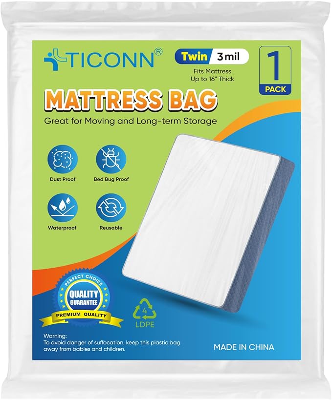 TICONN 1PK Plastic Mattress Bags for Moving, Waterproof Mattress Cover | 3D Gusset Design, Tear Resistant & Dust Protection, Multiple Sizes /Thickness Options, Reusable Mattress Protector