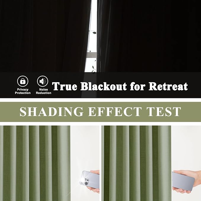 Vision Home Dark Green Pinch Pleated Full Blackout Curtains Linen Blended Room Darkening Curtain Panels 90 inch for Living Room Bedroom Thermal Insulated Pinch Pleat Drapes with Hooks 40" Wx90 Lx2
