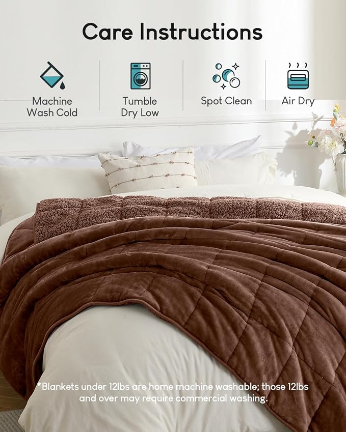 Cottonblue Fleece Weighted Blanket for Adults 15lbs Queen Size 60x80in Soft | Cozy Flannel Sherpa Weighted Blanket Throw for Calm Sleep Relax, Warm Shaggy Bed Sofa Couch Heavy Blanket, Chocolate Brown