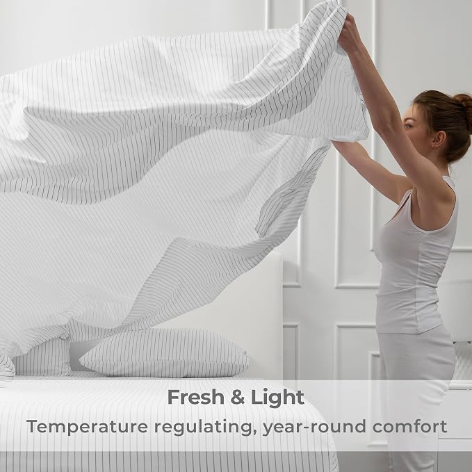 Mellanni Iconic 4-Piece, Ultra Soft Sheet Set (King, Pinstripe Gray) | 10M+ Sleepers. Lab-tested: Sleeps Cool, Stays Bright, Strong, Smooth. Good Housekeeping Best Bedding, 7 yrs running.