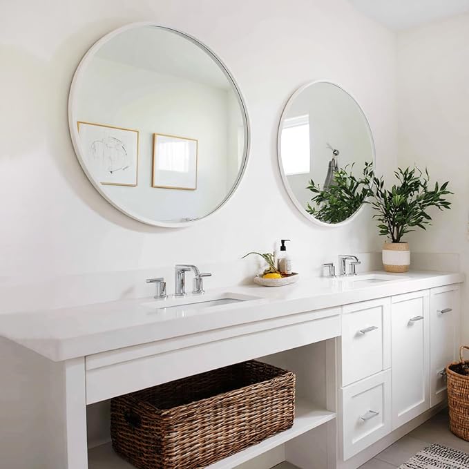 White Round Mirror 24 inch, 2 Pack Circle Mirror, Matte Metal Frame | High Definition Mirror, Waterproof, Sturdy, Circle Mirror for Bathroom, Bedroom, Entryway, Living Room, Wall Décor