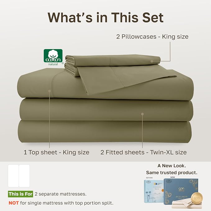 California Design Den 100% Cotton Sateen Split King Sheets Set, 5 Pcs | 500 Thread Count with Good Housekeeping Seal, Split King Sheets Sets for Adjustable Bed with 2 Separate Twin-XL Mattresses