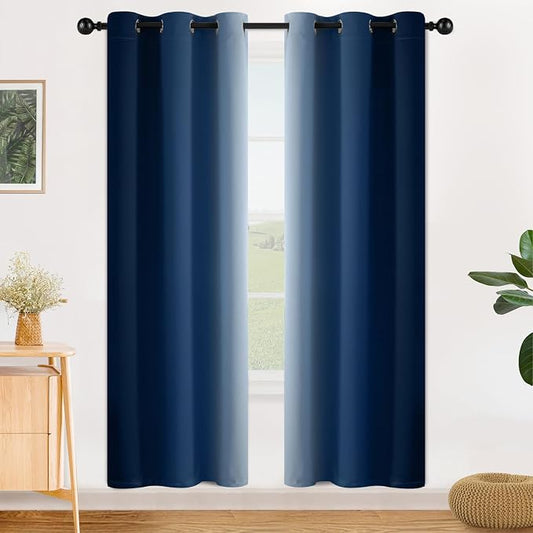 SimpleHome Ombre Blue to Grey White Curtains for Living Room 42Wx72L | Room Darkening Curtains for Bedroom,Gradient Light Blocking Curtain,Thermal Insulated Grommet Window Drapes,2 Panels,72 Inch
