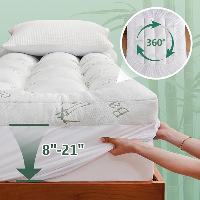 DOWNCOOL 3 Inch King Mattress Topper, Breathable Bamboo Viscose Air Layer | Cooling Memory Foam Mattress Topper for Back Pain Relief, 1700 GSM Fill, Deep Pocket Fits 8–21Inch