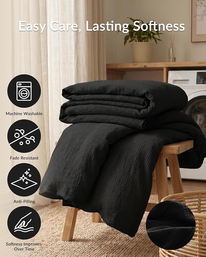 SE SOFTEXLY Muslin Duvet Cover King Size, 100% Washed Cotton Duvet Cover Set, Ultra Soft Comforter Cover Linen Like, 3 Pieces Minimalist Gauze Duvet Cover with 2 Pillowcases, 90"x104", Black