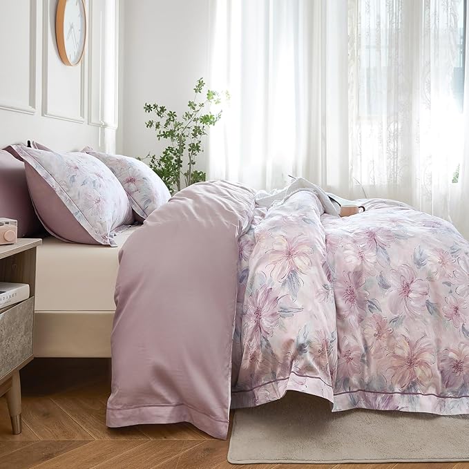 OAITE Queen Duvet Cover Set 3pcs 100% Cotton 600 Thread Count with Floral | Luxury Soft, Breathable,Long Staple Cotton,Hidden Zipper,8 Corner Ties,Easy Care for All Season