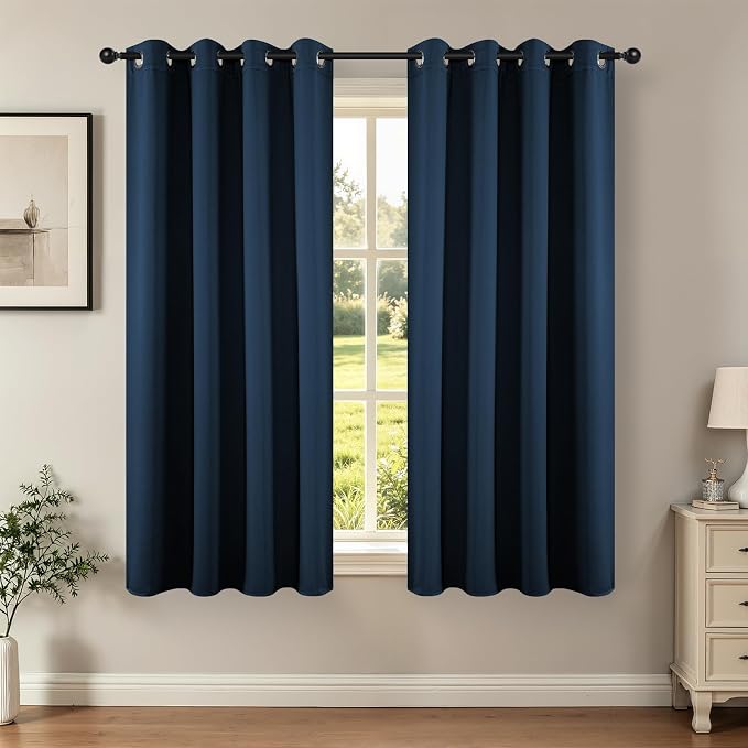 Joydeco Blackout Curtains 45 Inch Length 2 Panels Set, Thermal Insulated Long Curtains& Drapes 2 Burg, Room Darkening Grommet Drapes for Living Room Bedroom Window (W52 x L45 Inch, Navy Blue)