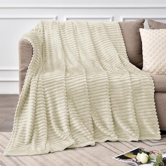 BEDELITE Ribbed Jacquard Beige Fleece Throw Blanket for Couch, 50x60 Inch | Soft Warm Decorative Fluffy Blanket, Cozy Plush Lightweight Fuzzy Throw Blanket for Bed Sofa Home Room Decor, Gift for Women