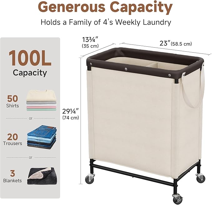 StorageWorks 2 Section Laundry Hamper, 100L Beige Sorter Cart with Wheels | Laundry Basket with Handles, Beige Sorter Cart for Bedroom, Bathroom, Apartment, Dorm