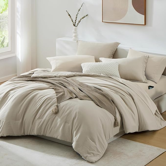 Full Size Comforter Sets-7 Pieces Ultra Soft Bed in a Bag Full Bedding Sets | Prewashed All Season Comforter with Sheets, Pillow Shams & Pillowcases, Light Oatmeal