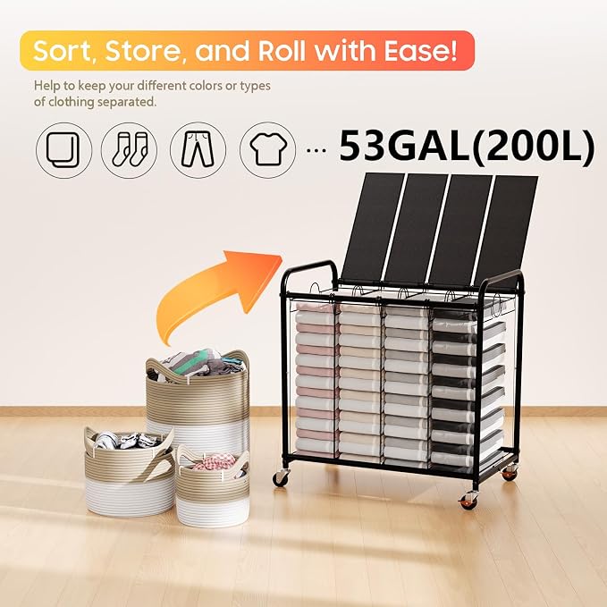 Laundry Sorter 4 Sections 48 Gal, Rolling Laundry Basket with Wheels ＆ Lid | Laundry Hamper, 4 Separated Removable Bags, Lockable Wheels, Dirty Clothes Hamper for Laundry Room Organizer, Black