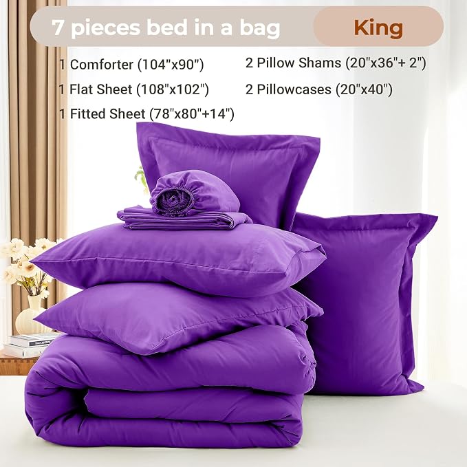 7 Pieces King Comforter Set, Soft Bed in a Bag King Size, All Season Bedding Set with Comforter, Flat Sheet, Fitted Sheet, Pillowcases & Shams, Purple