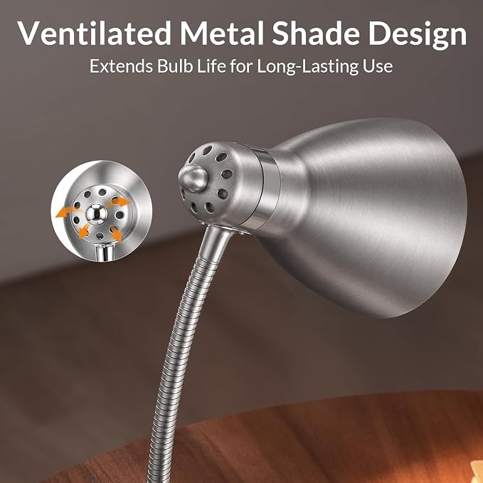 LEPOWER Metal Desk Lamp, Adjustable GooseNeck Reading Light for Bedroom | Compact & Sturdy, Space-Saving for Bedside & Dorm, E26 Table Lamp, Eye-Caring, Ideal for Study, Office, Back to School